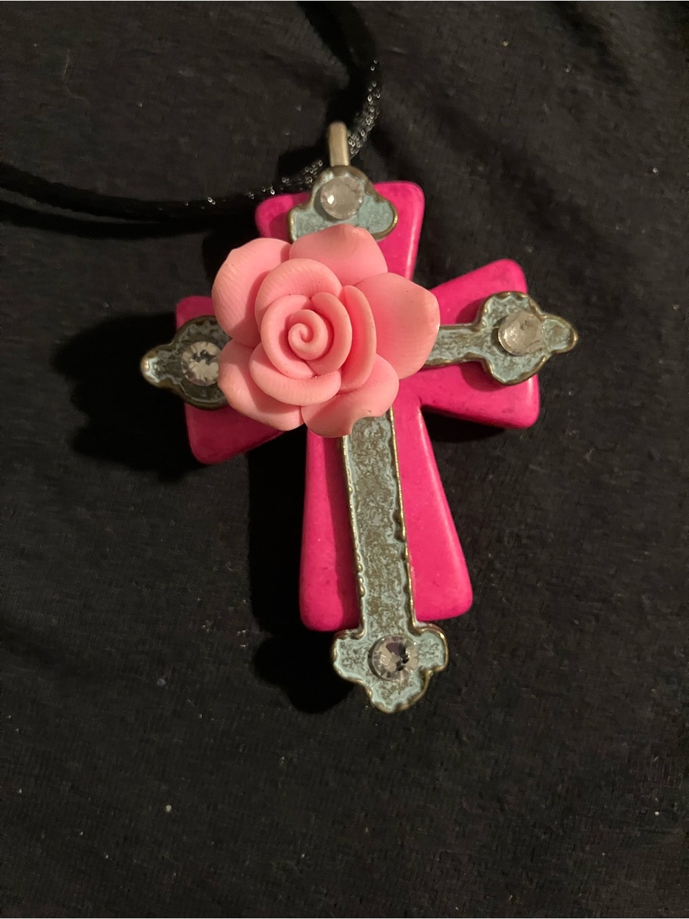 Bright Pink Cross Pendant with Rose Accent Necklace